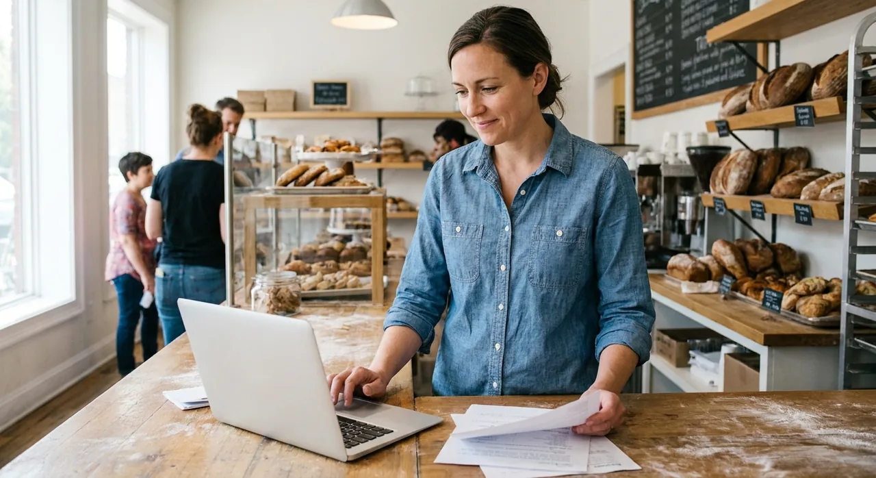 A small business owner reviewing SBA loan paperwork on a laptop at her bakery counter